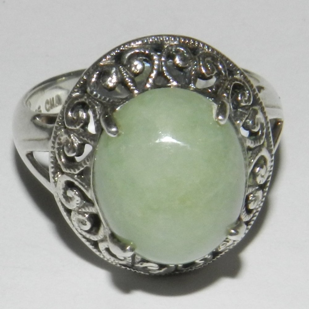 DESIGNER "CNA" STERLING SILVER FILIGREE OVAL JADE WOMENS RING SIZE 5